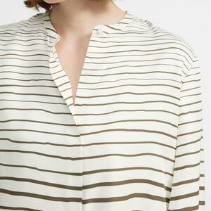 THEORY Popover Ivory/Olive Green Painted Stripe Silk Tunic Blouse Size Small